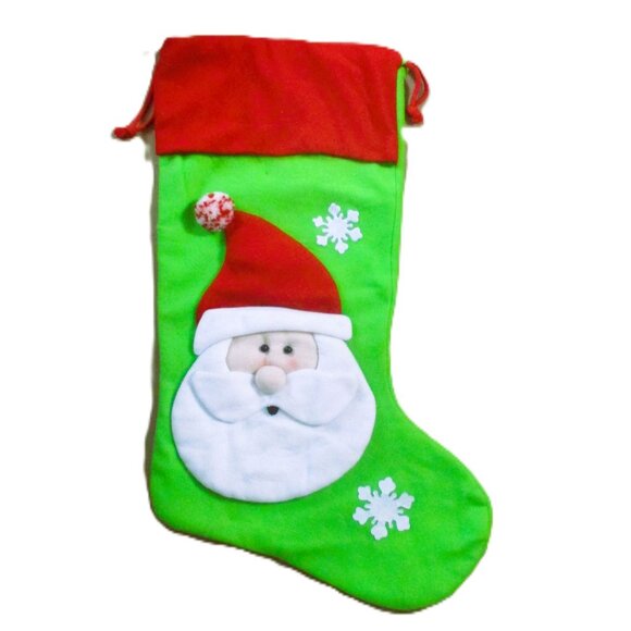 Christmas Stocking Toy Bag 29" X 15" Green & Red Flannel With Santa & Snowflakes - Picture 1 of 3